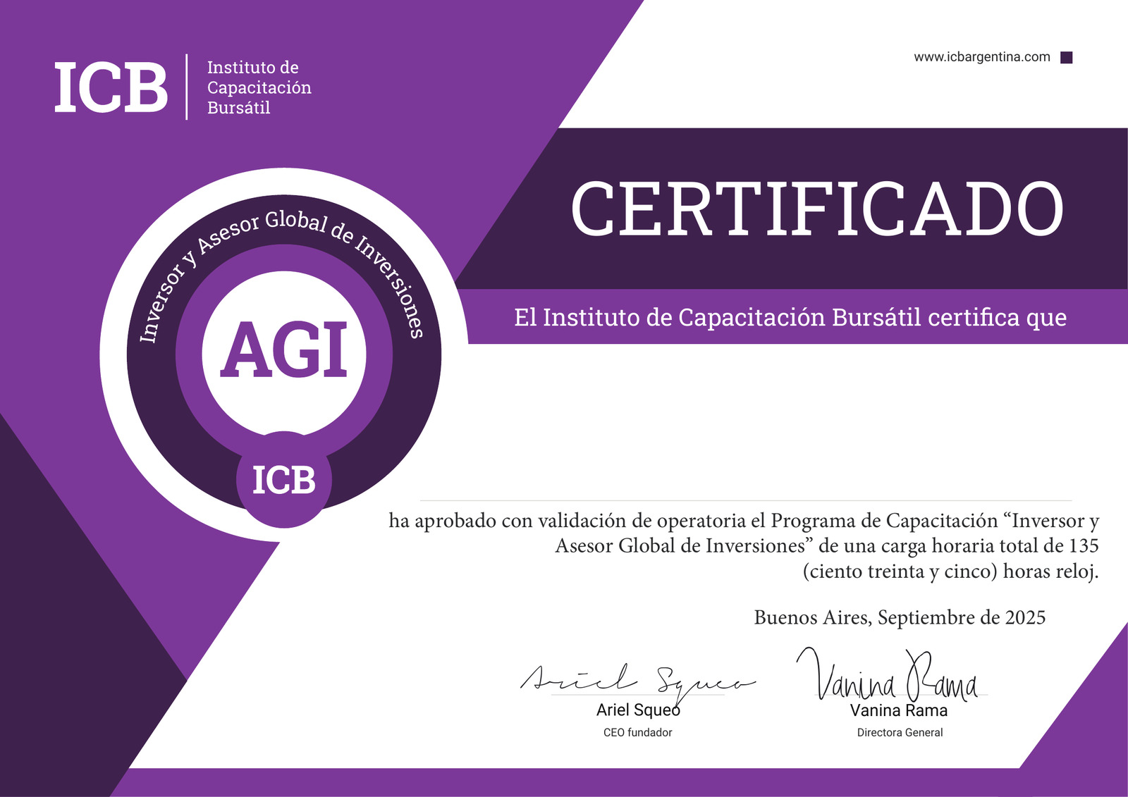 Vista previa del certificado AGI emitido por ICB Instituto de Capacitación Bursátil